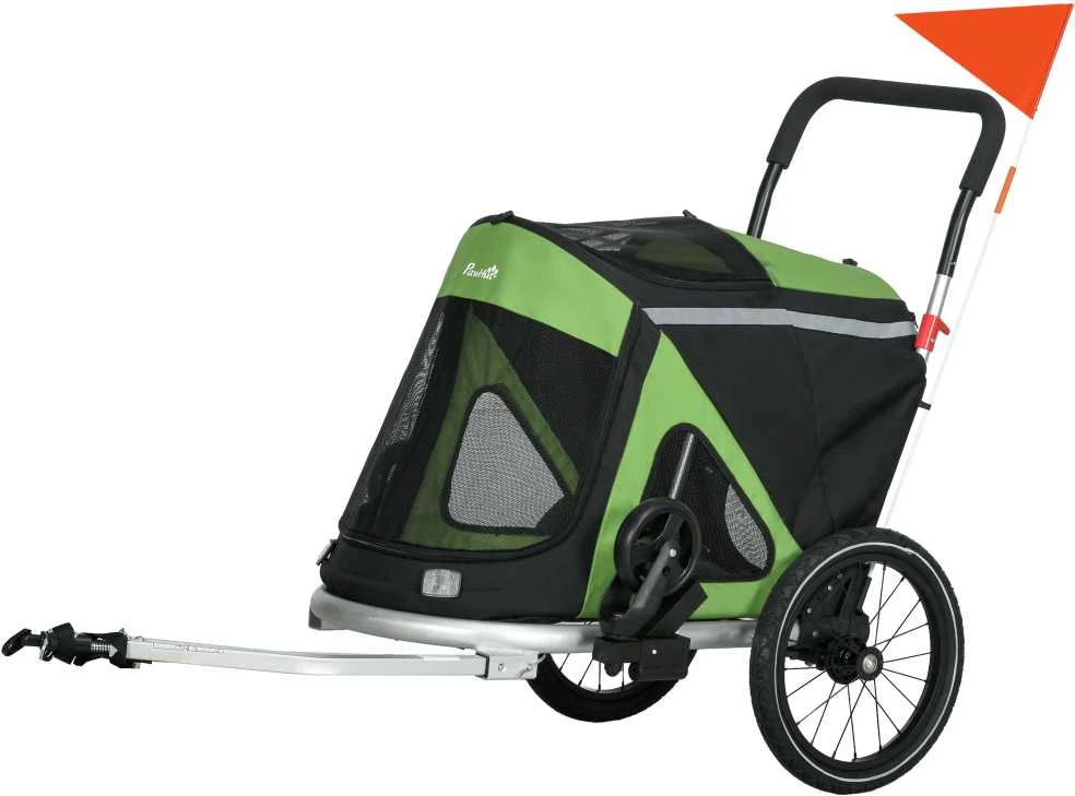 PawHut 2in1 šunų priekaba, šunų vežimėlis, dviračio priekaba šunims, su saugos pavadėliu, atšvaitais, iki 20 kg, Oxford, žalia