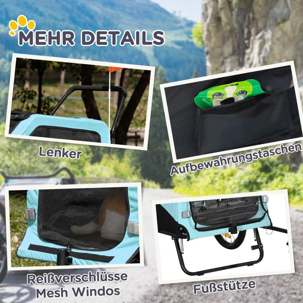 PawHut 2-in-1 šunų priekaba, dviračio priekaba šunims, šunų vežimėlis su atšvaitais, šunų vežimėlis iki 30 kg, Oksfordo audinys, mėlyna
