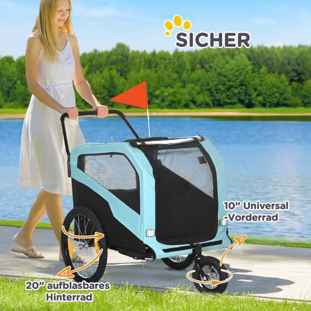 PawHut 2-in-1 šunų priekaba, dviračio priekaba šunims, šunų vežimėlis su atšvaitais, šunų vežimėlis iki 30 kg, Oksfordo audinys, mėlyna