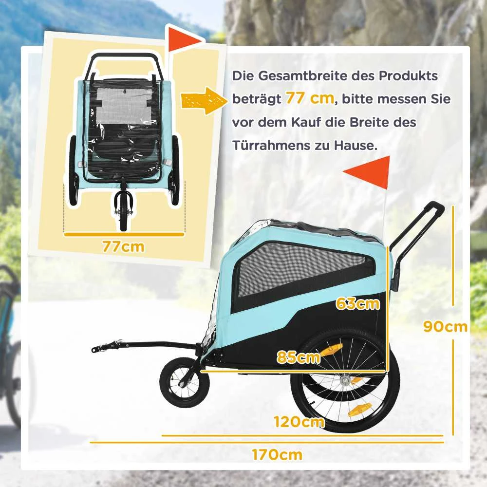 PawHut 2-in-1 šunų priekaba, dviračio priekaba šunims, šunų vežimėlis su atšvaitais, šunų vežimėlis iki 30 kg, Oksfordo audinys, mėlyna