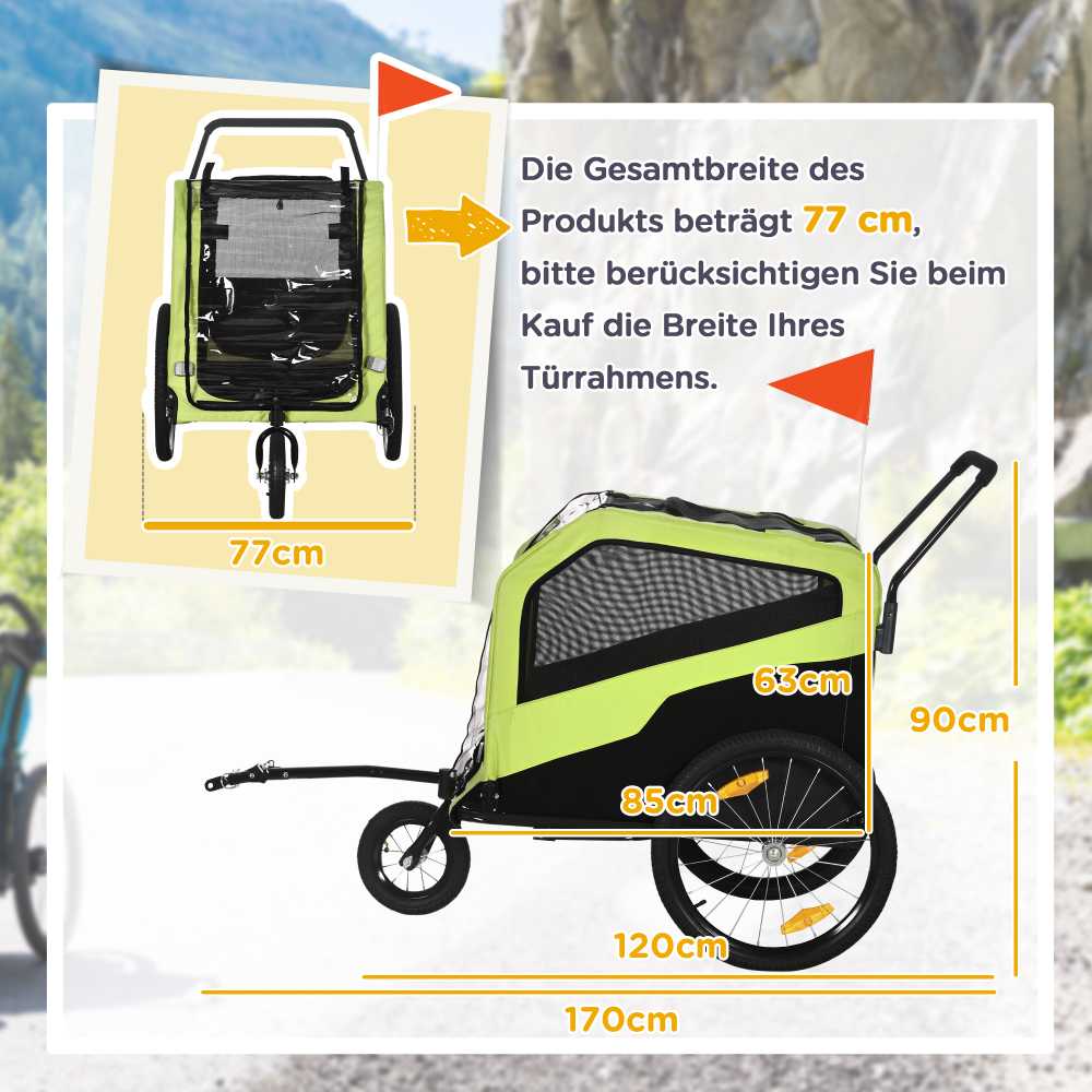 "PawHut 2-in-1" priekaba šunims, dviračio priekaba šunims, vežimėlis šunims su atšvaitais, vežimėlis šunims iki 30 kg, dviračių priekaba dideliems šunims, Oksfordo audinys, žalia spalva