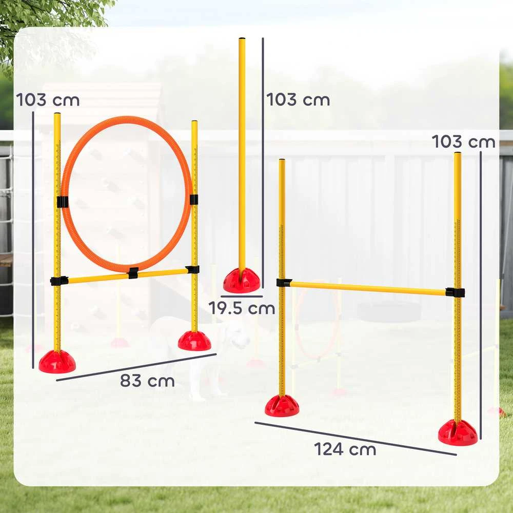 PawHut Agility rinkinys šunims, 4 dalių, užpildomas, agility įranga šunų dresūrai, kliūčių ruožas su reguliuojamo aukščio slalomo stulpais, šuolių kliūtimis ir žiedu, koordinacijos treniruotėms