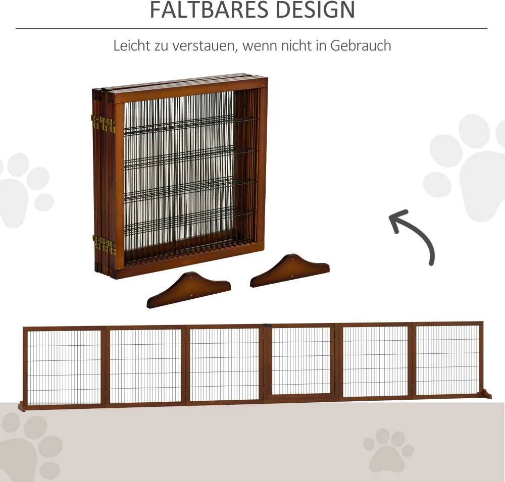 "PawHut" 6 dalių užtvara šunims, 432 x 70 cm Sulankstomi varteliai su 2 atraminėmis kojelėmis, laisvai pastatomi varteliai šunims, laiptų varteliai vidutinio dydžio šunims, skirti koridoriams, laiptams, kavai