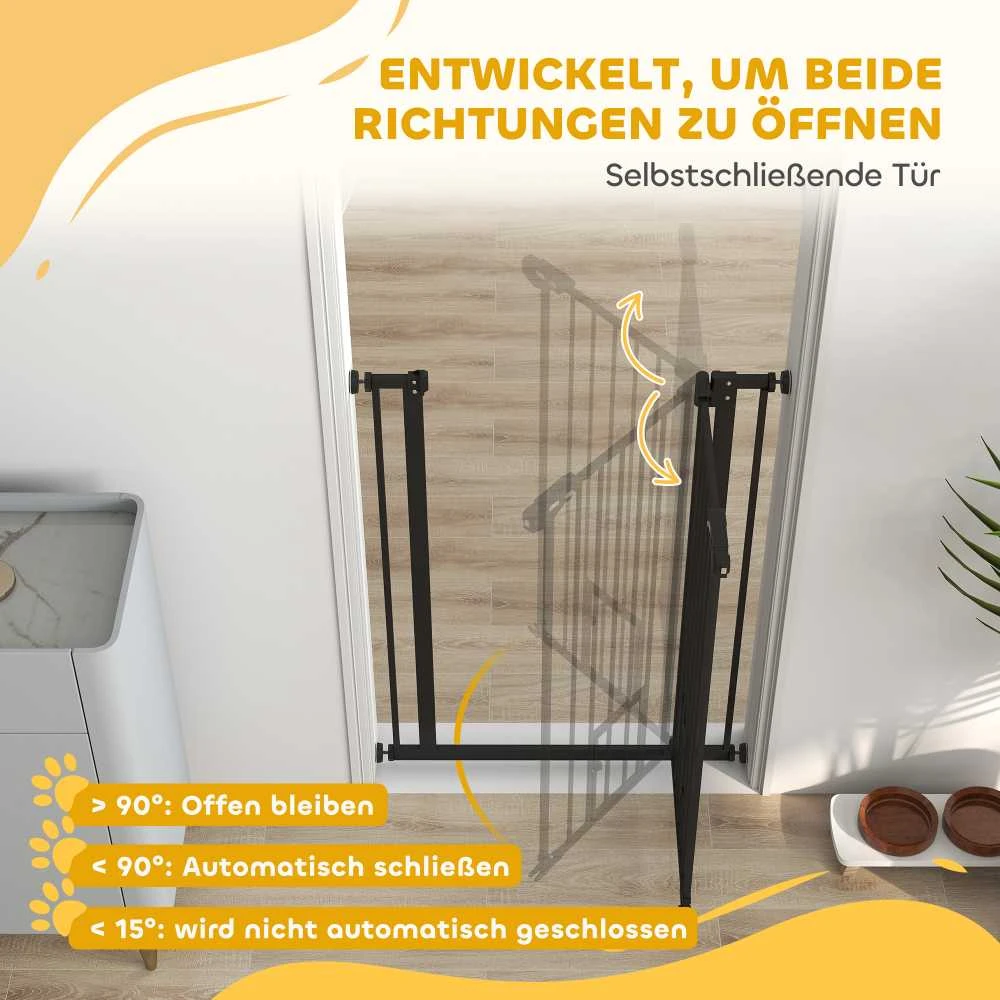 PawHut apsauginis barjeras šunims su dvigubu užraktu, reguliuojamas plotis 74-80x104 cm, su automatiniu durelių uždarymu, montavimas be gręžimo, juodas | Aosom