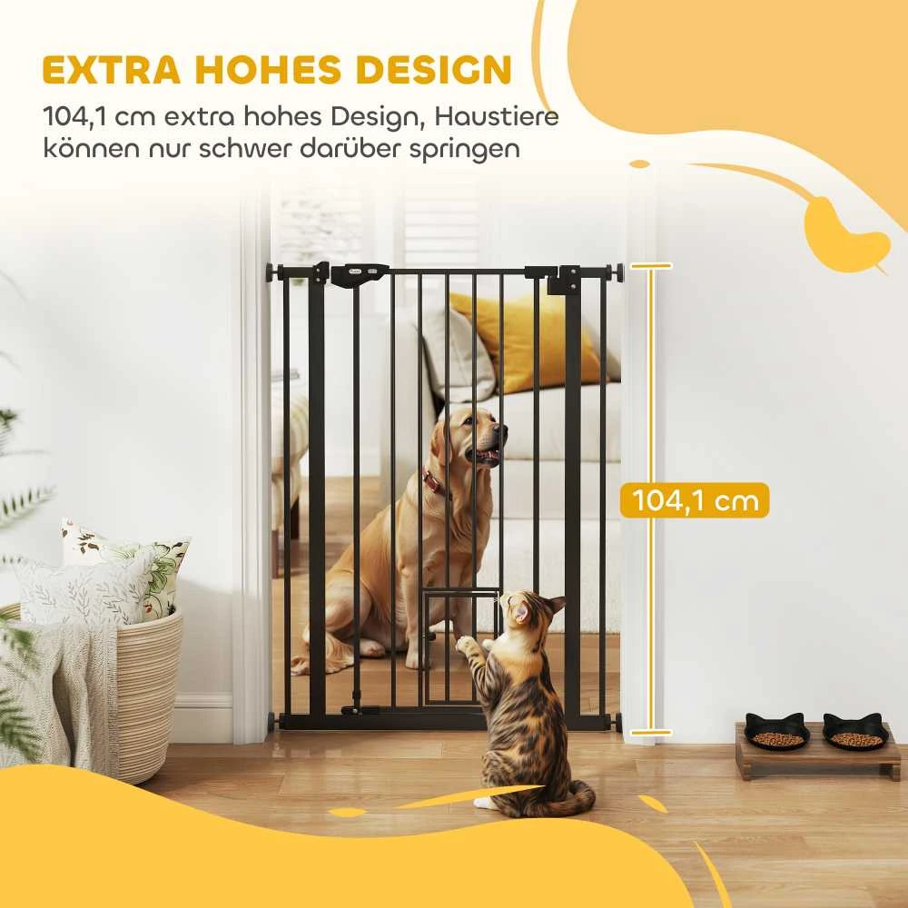 PawHut apsauginis barjeras šunims su dvigubu užraktu, reguliuojamas plotis 74-80x104 cm, su automatiniu durelių uždarymu, montavimas be gręžimo, juodas | Aosom