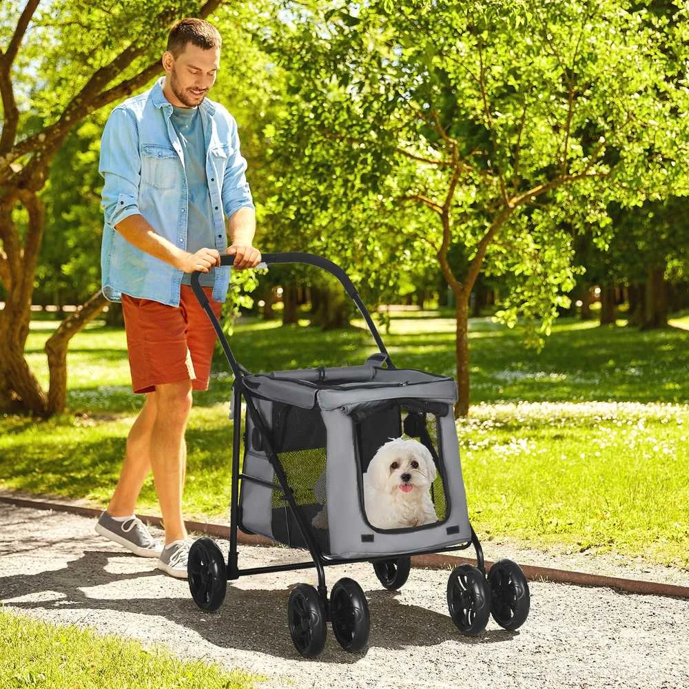 PawHut šunų vežimėlis, sulankstomas vežimėlis šunims, šunų vežimėlis su pagalve, vežimėlis katėms iki 20 kg, vežimėlis katėms, tinklelis, Oksfordo audinys, pilka + juoda