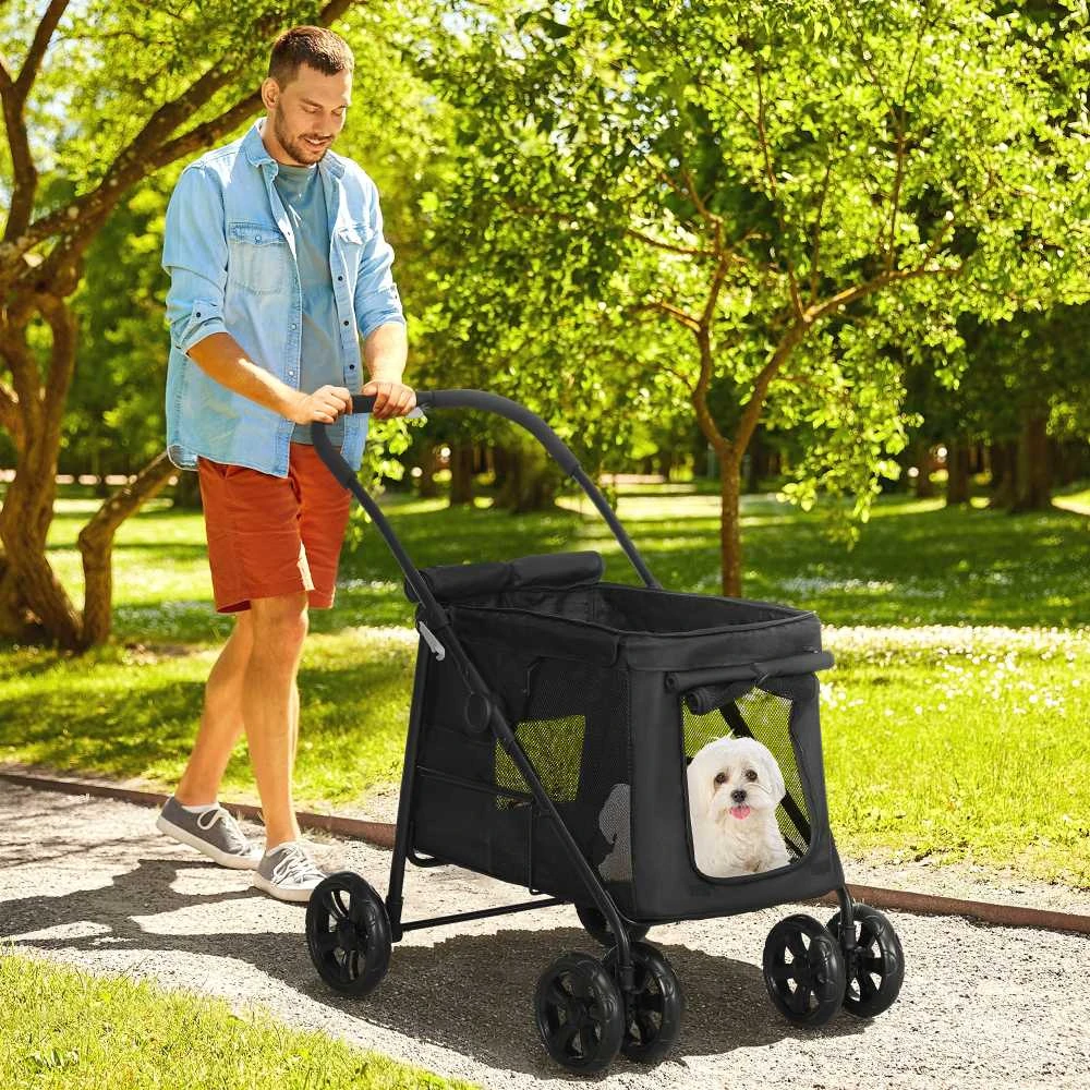Šunų vežimėlis PawHut, sulankstomas, su šoninėmis kišenėmis, tinkliniais langeliais, mažų ir vidutinių veislių šunims iki 20 kg, Oksfordo audinys, juodas