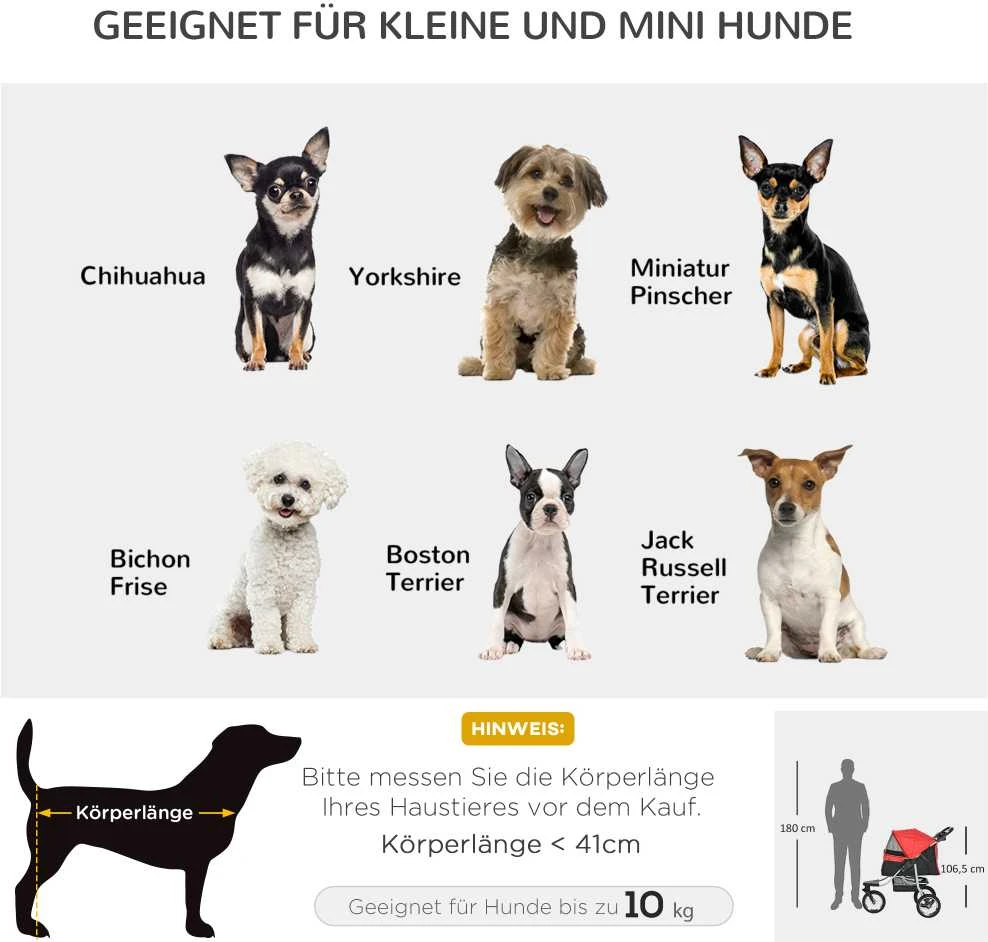 PawHut šunų vežimėlis, kačių vežimėlis, gyvūnų vežimėlis su 3 ratais, sulankstomas, šunims ir katėms, Oksfordo audinys, raudona + juoda, 109,5 x 54,5 x 106,5 cm