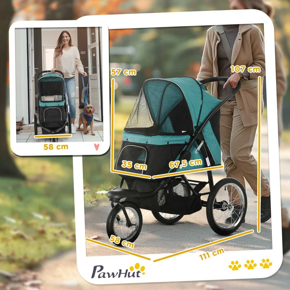 PawHut sulankstomas vežimėlis šunims ir katėms iki 20 kg, visureigiai guminiai ratai, pagalvėlė, tinkliniai langai, durys, krepšys daiktams, tamsiai žalias