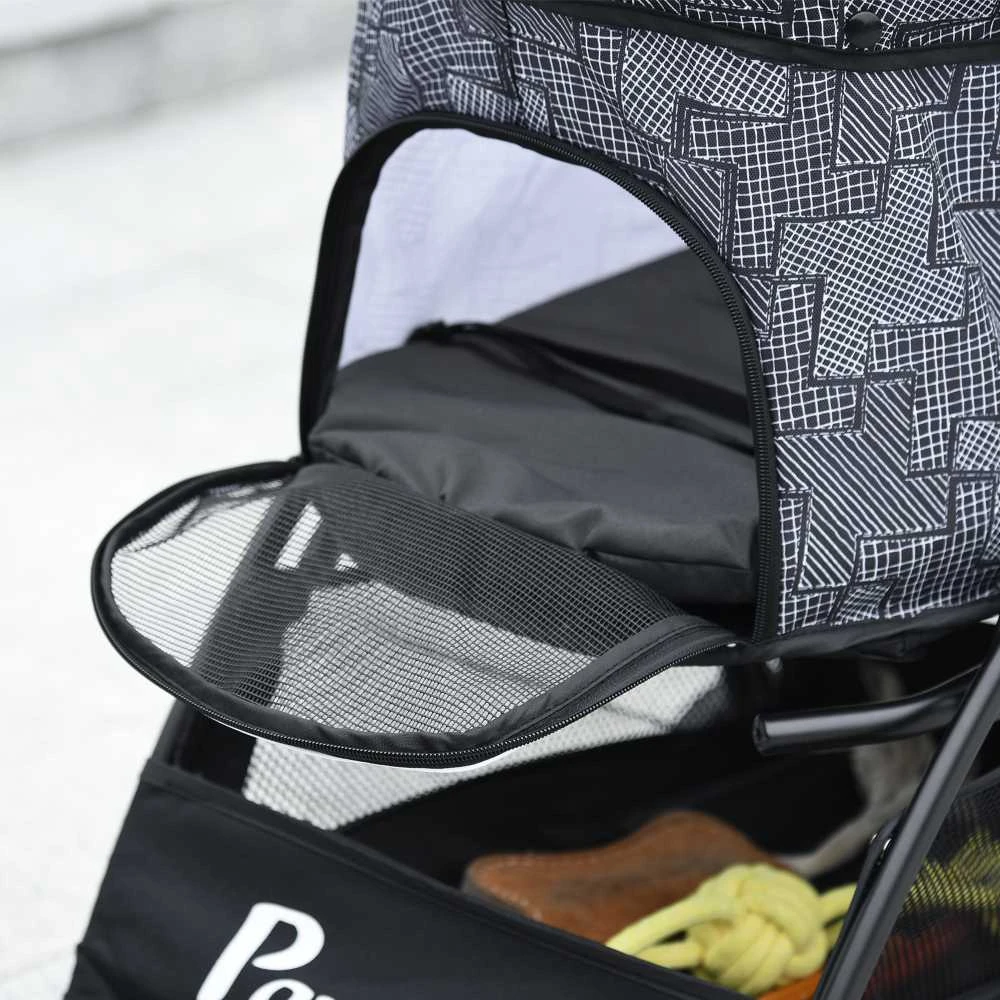 PawHut šunų vežimėlis, sulankstomas vežimėlis šunims, šunų vežimėlis su pagalve, vežimėlis katėms, keturratis vežimėlis katėms, tinkliniai langai, vieta daiktams, Oksfordo audinys, juodas