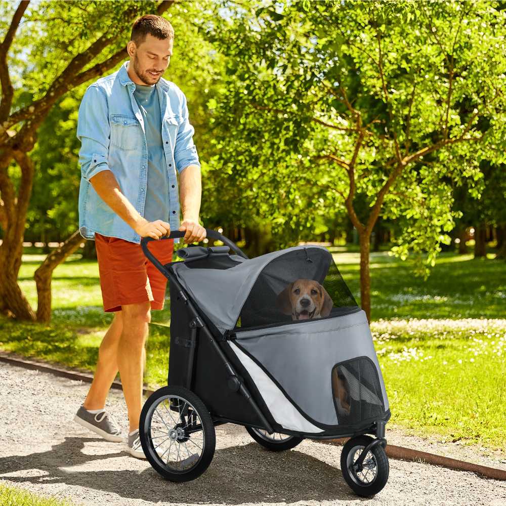 PawHut šunų vežimėlis sulankstomas su tinkleliu galinėms durims ir saugos diržu, pilkas, iki 30 kg