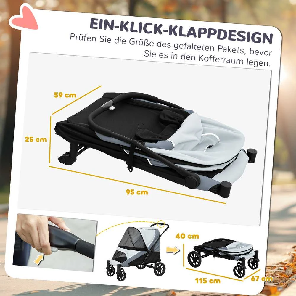 PawHut sulankstomas šunų vežimėlis dideliems šunims ir katėms iki 30 kg, su pagalve, tinkleliais, durimis, krepšiu daiktams, saugos diržais, stabdžiais, pilkas