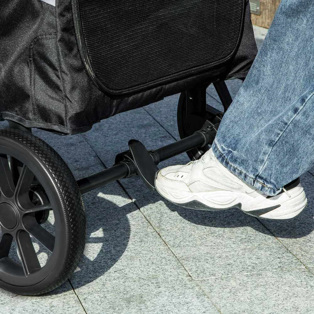 PawHut sulankstomas šunų vežimėlis dideliems šunims ir katėms iki 30 kg, su pagalve, tinkleliais, durimis, krepšiu daiktams, saugos diržais, stabdžiais, pilkas