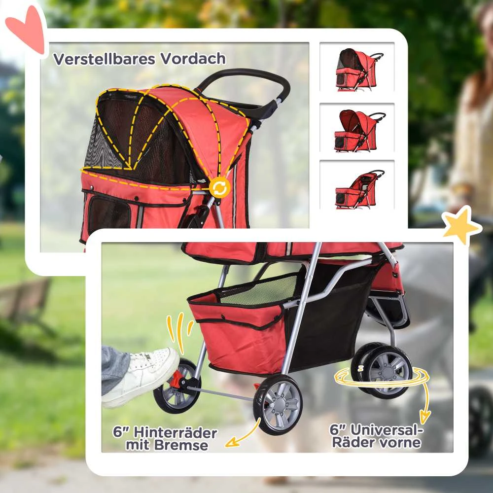 PawHut šunų vežimėlis, daugiaspalvis vežimėlis pasivaikščiojimams, lengvas ir sulankstomas, šunims ir katėms, raudonas