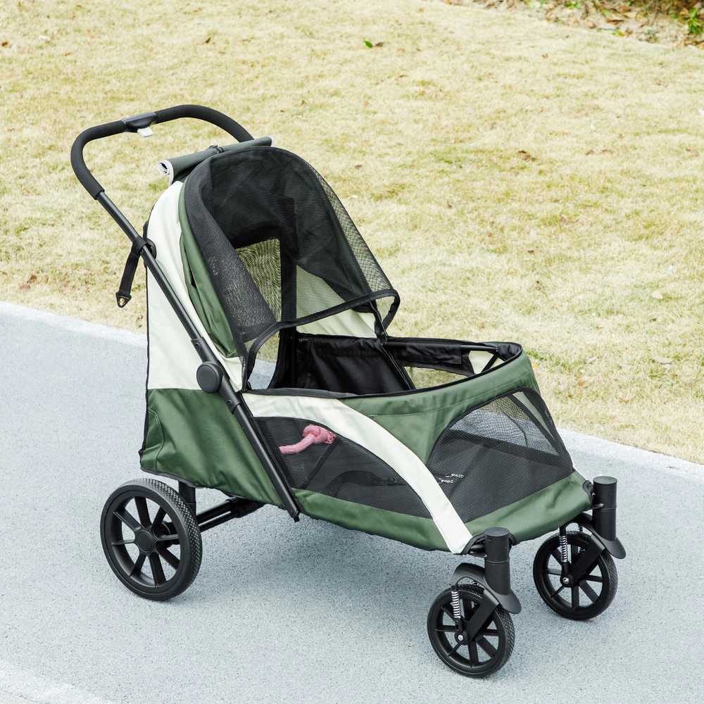PawHut sulankstomas vežimėlis šunims ir katėms iki 30 kg, su pagalvėle, tinkliniais langeliais, durelėmis, krepšiu daiktams, saugos diržais ir stabdžiais, tamsiai žalias