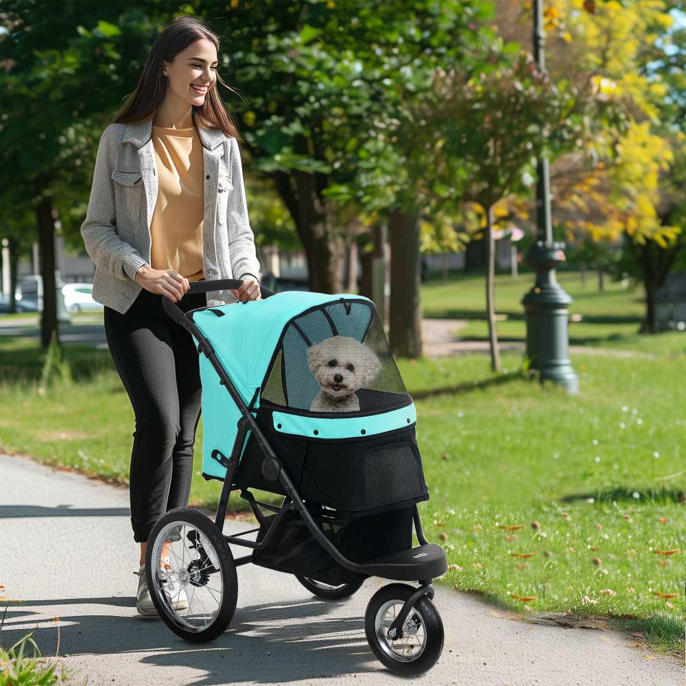 PawHut šunų vežimėlis, bėgimo vežimėlis, sulankstomas, mažiems šunims ir katėms iki 10 kg, su 3 dideliais guminiais ratais, pagalvėle, tinkliniais langeliais, krepšiu daiktams ir saugos diržais, turkio spalvos