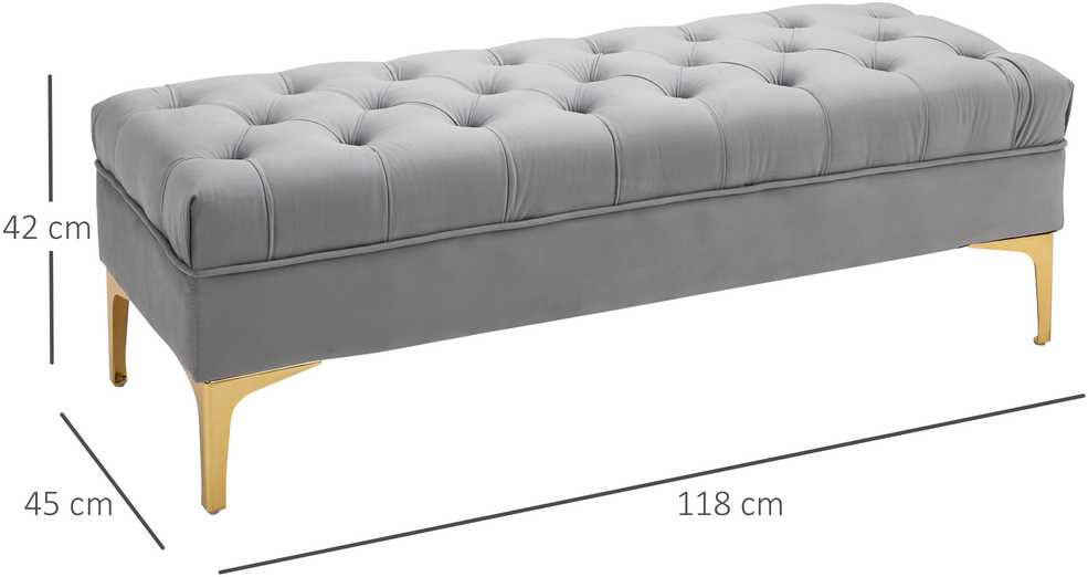 HOMCOM suoliukas, lovos suoliukas, batų suolelis su paaukštintomis kojomis, aksominis, šviesiai pilkas, 118x45x42 cm, skirtas miegamajam