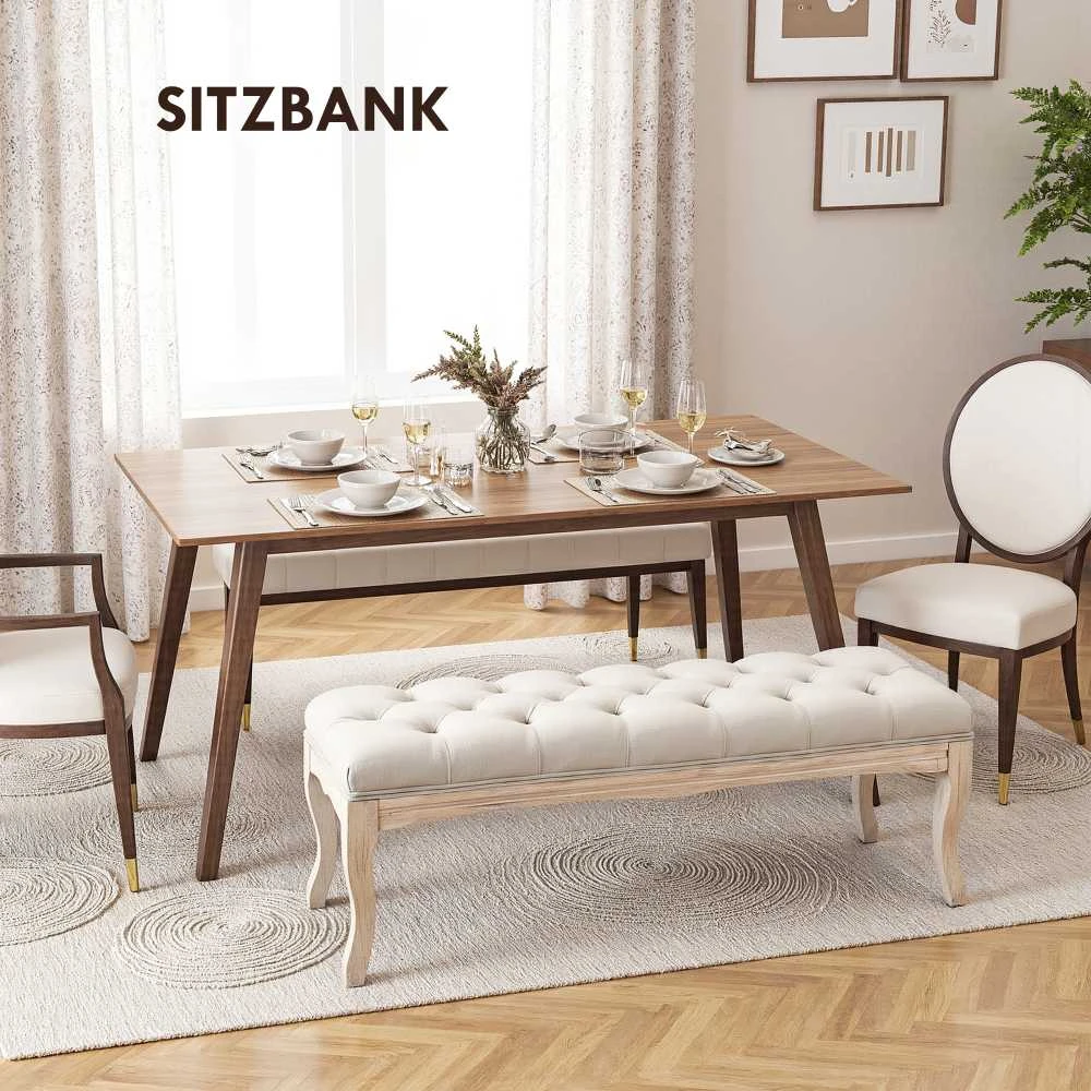 HOMCOM minkštasuolis miegamajam ir svetainei, suoliukas, suoliukas su daiktadėže, vintažinis lovos suoliukas, kaučiukmedis, linas, smėlio spalvos, 110x40x48 cm