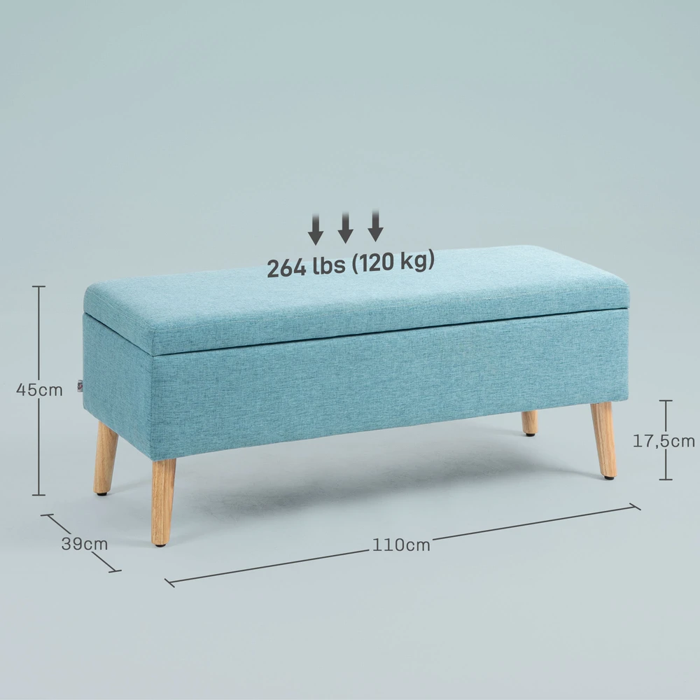 HOMCOM suoliukas su daiktadėže, suolo suolo su lino tekstūra prieškambariui, miegamajam, svetainei, guminis medis, mėlynas, 110 x 39 x 45 cm