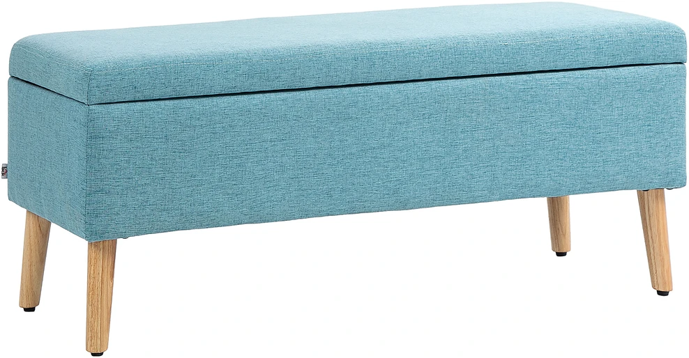 HOMCOM suoliukas su daiktadėže, suolo suolo su lino tekstūra prieškambariui, miegamajam, svetainei, guminis medis, mėlynas, 110 x 39 x 45 cm