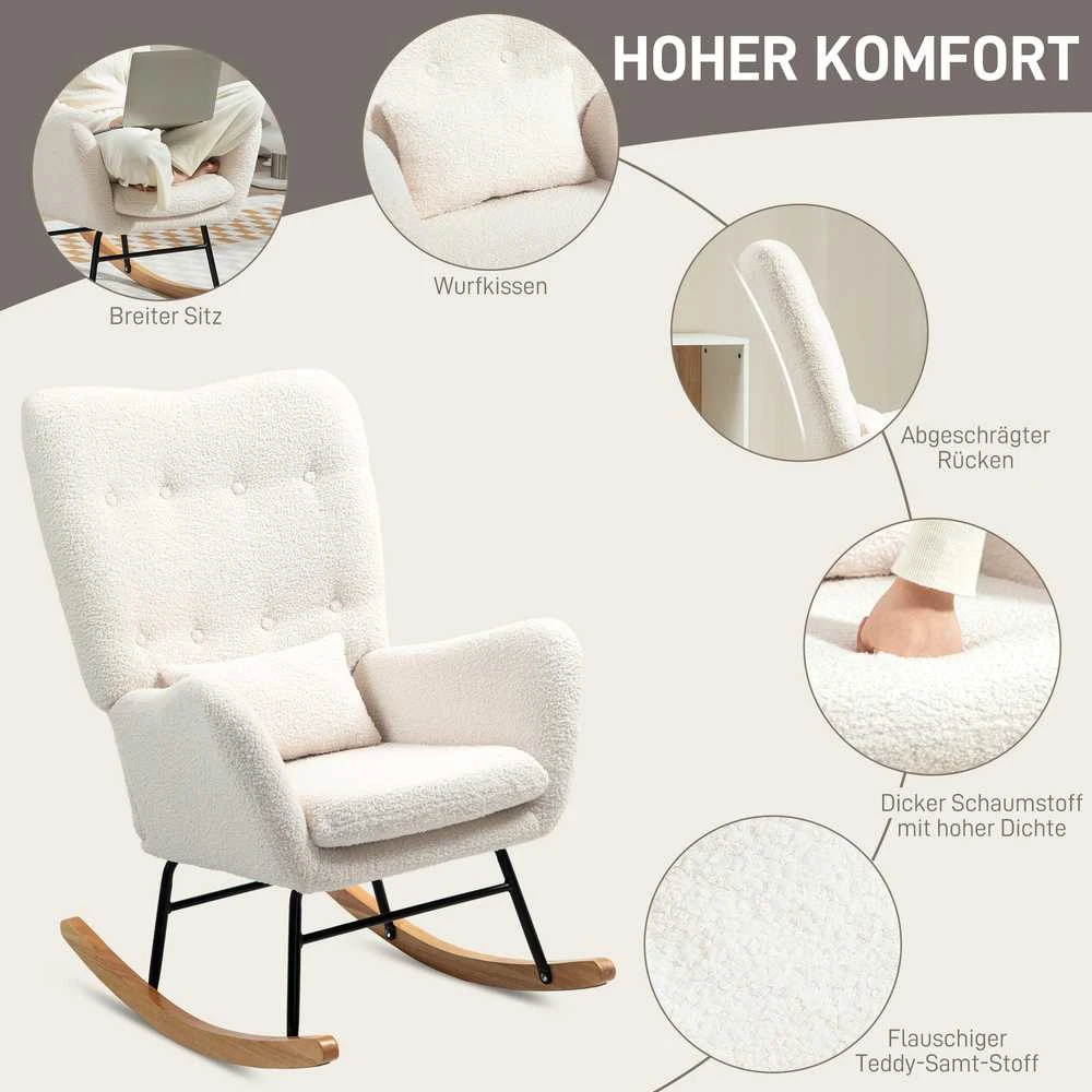 HOMCOM supamoji kėdė, fotelis su porankiais, pliušinė išvaizda, maitinimo kėdė su medinėmis kojelėmis, juosmens pagalvėle, poilsio kėdė svetainei, miegamajam, kreminės baltos spalvos