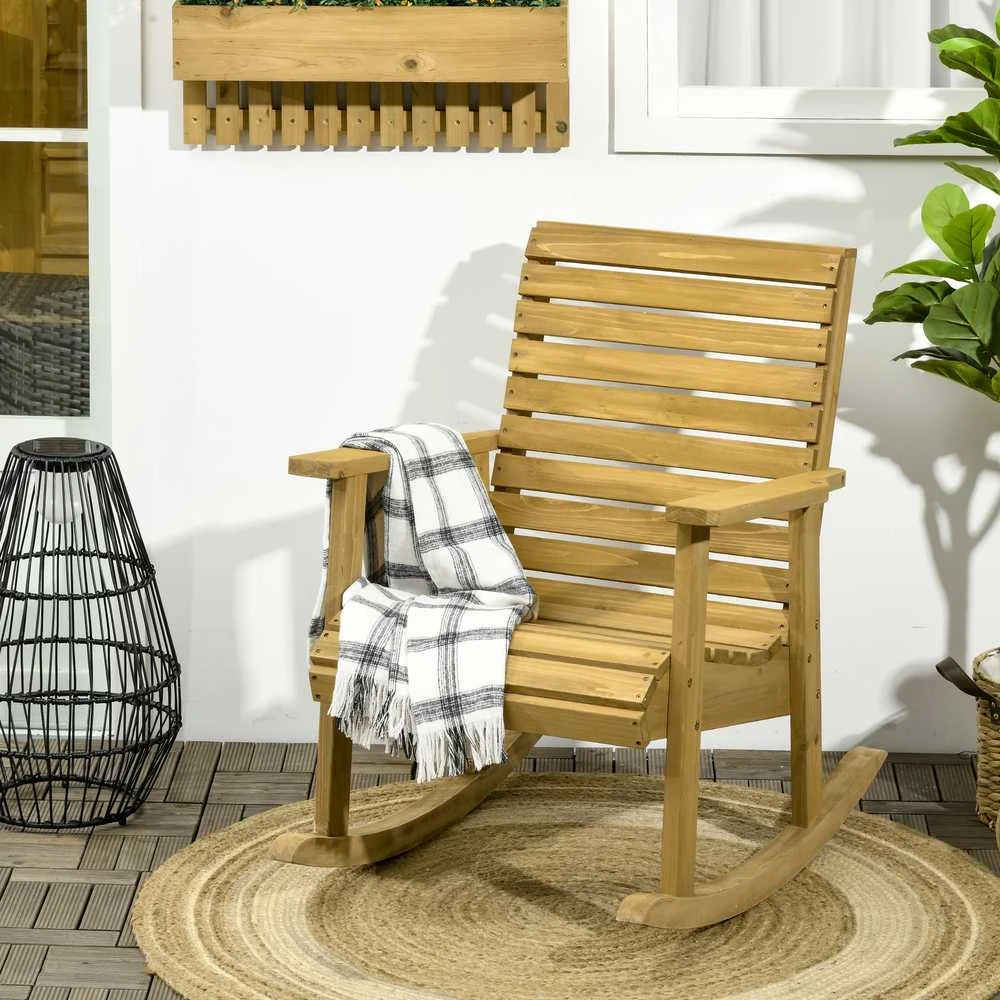 „Outsunny“ supama kėdė, krėslas su porankiais, sodo kėdė, poilsio kėdė balkonui, terasai, keliamoji galia iki 130 kg, eglės mediena, šviesiai ruda
