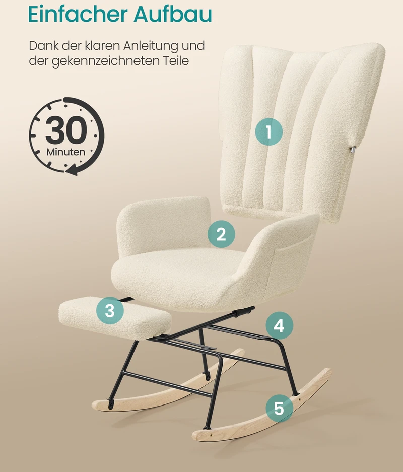 Songmics Supamasis fotelis su kojų atrama ir nuimama pagalve, kreminės baltos spalvos, 92–126,5 × 71,5 × 92 cm