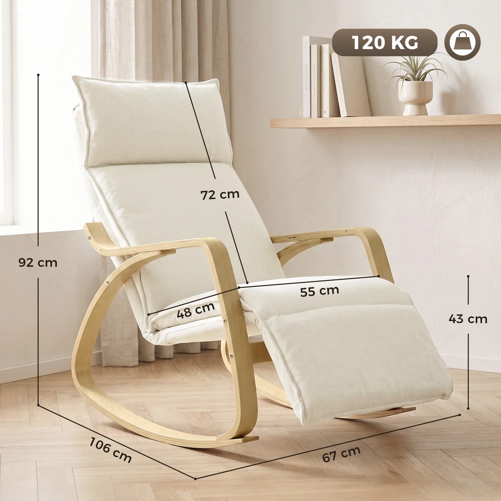 Supamoji kėdė su 5 padėčių kojų atrama ir 105° supimu, kreminės baltos spalvos, 67 × 106 × 92 cm