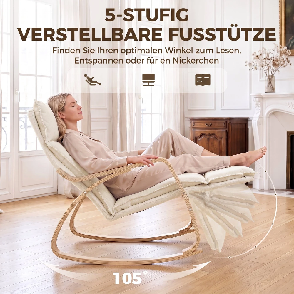 Supamoji kėdė su 5 padėčių kojų atrama ir 105° supimu, kreminės baltos spalvos, 67 × 106 × 92 cm