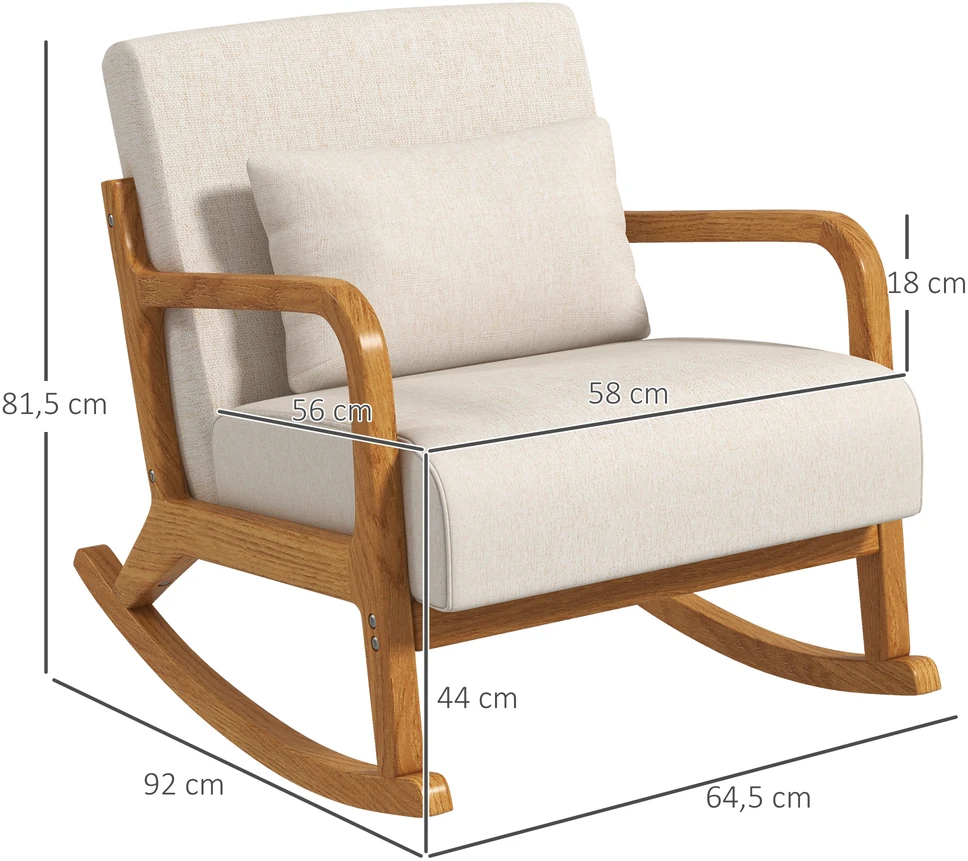 HOMCOM supamasis krėslas, supama kėdė, paminkštintas fotelis su mediniu rėmu, poilsio kėdė su porankiais, miegamajam, svetainei, kreminė