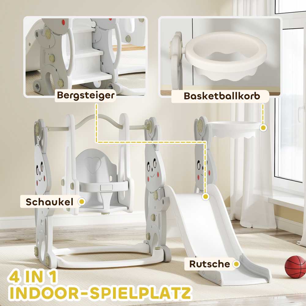 AIYAPLAY čiuožykla "4-in-1" vaikų čiuožykla su sūpynėmis, laipiojimo rėmu, krepšinio lanku, vaikų žaidimų aikštele su zuikio dizainu Mažylių čiuožykla, skirta 1,5-4 metų amžiaus vaikams viduje ir lauke Pilka spalva