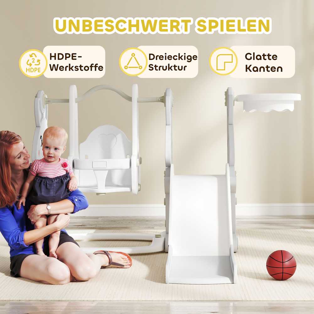 AIYAPLAY čiuožykla "4-in-1" vaikų čiuožykla su sūpynėmis, laipiojimo rėmu, krepšinio lanku, vaikų žaidimų aikštele su zuikio dizainu Mažylių čiuožykla, skirta 1,5-4 metų amžiaus vaikams viduje ir lauke Pilka spalva
