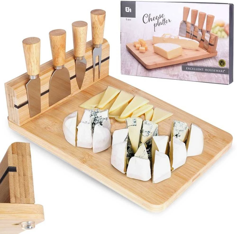 Excellent Houseware Bambukinė sūrio lenta su peiliais 5 vnt.