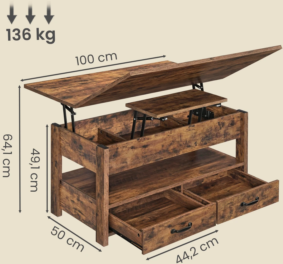 Songmics Svetainės staliukas 50 x 100 x 49.1/64.1 cm