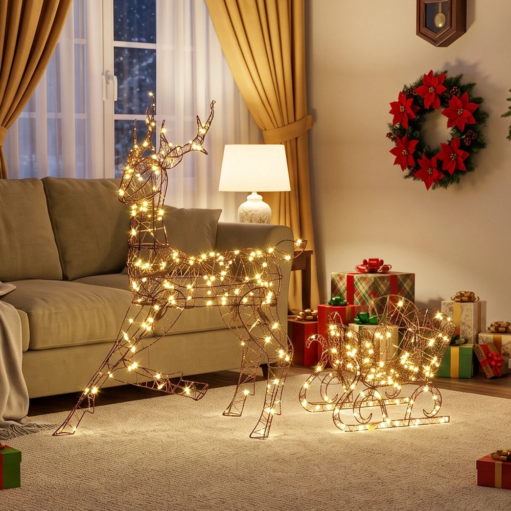 Šviečiantis elnio ir rogių rinkinys, 175 LED, 8 apšvietimo režimai, rudas, 82 × 32 × 120 cm ir 45 × 28 × 41 cm, 2 dalių