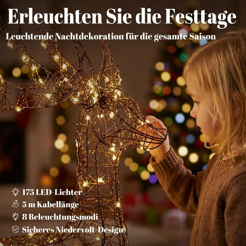 Šviečiantis elnio ir rogių rinkinys, 175 LED, 8 apšvietimo režimai, rudas, 82 × 32 × 120 cm ir 45 × 28 × 41 cm, 2 dalių