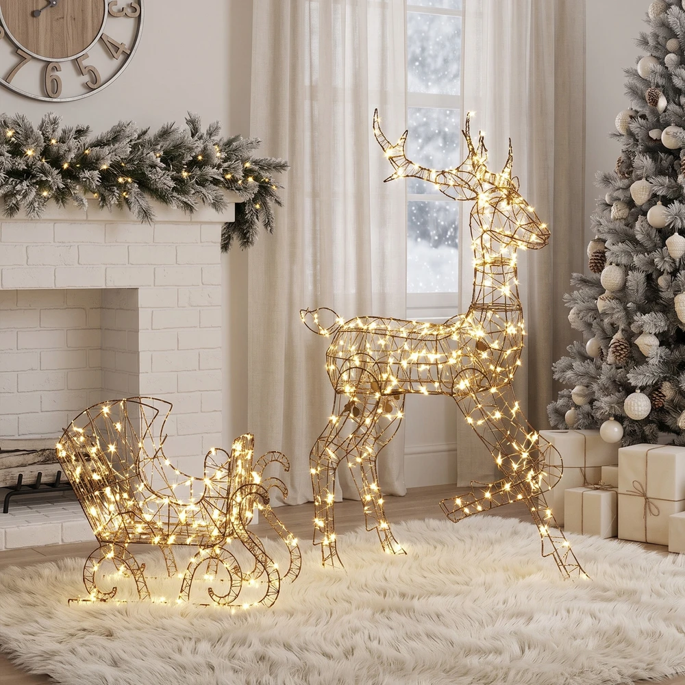 Šviečiantis elnio ir rogių rinkinys, 175 LED, 8 apšvietimo režimai, rudas, 82 × 32 × 120 cm ir 45 × 28 × 41 cm, 2 dalių