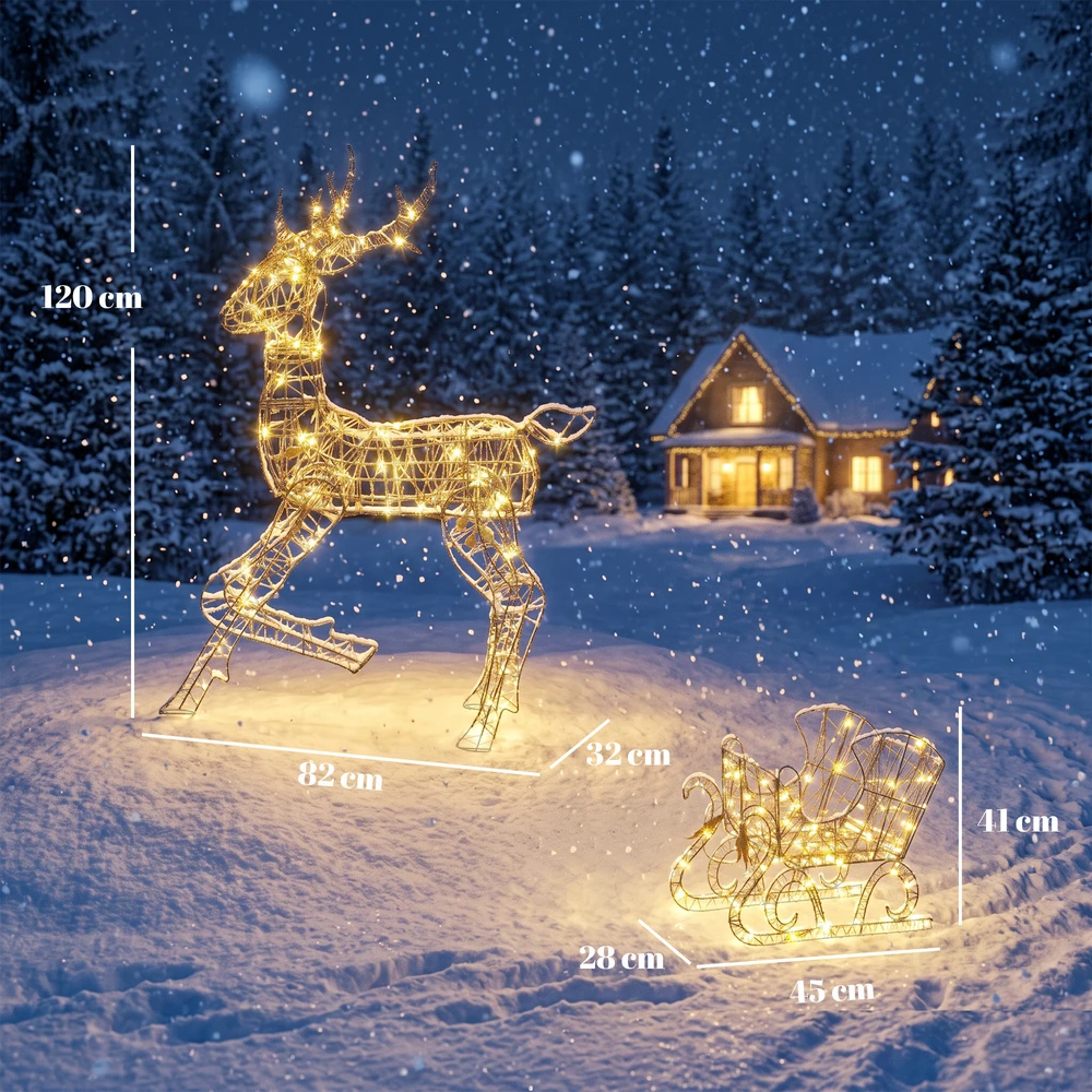 Šviečiantis elnio ir rogių rinkinys, 175 LED, 8 apšvietimo režimai, rudas, 82 × 32 × 120 cm ir 45 × 28 × 41 cm, 2 dalių
