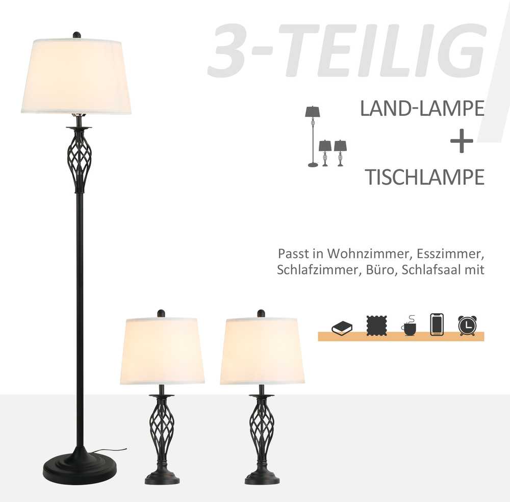 Lempos komplektas, 3 dalių vintažinis metalinis lempų komplektas, 38x158 cm, juoda, balta