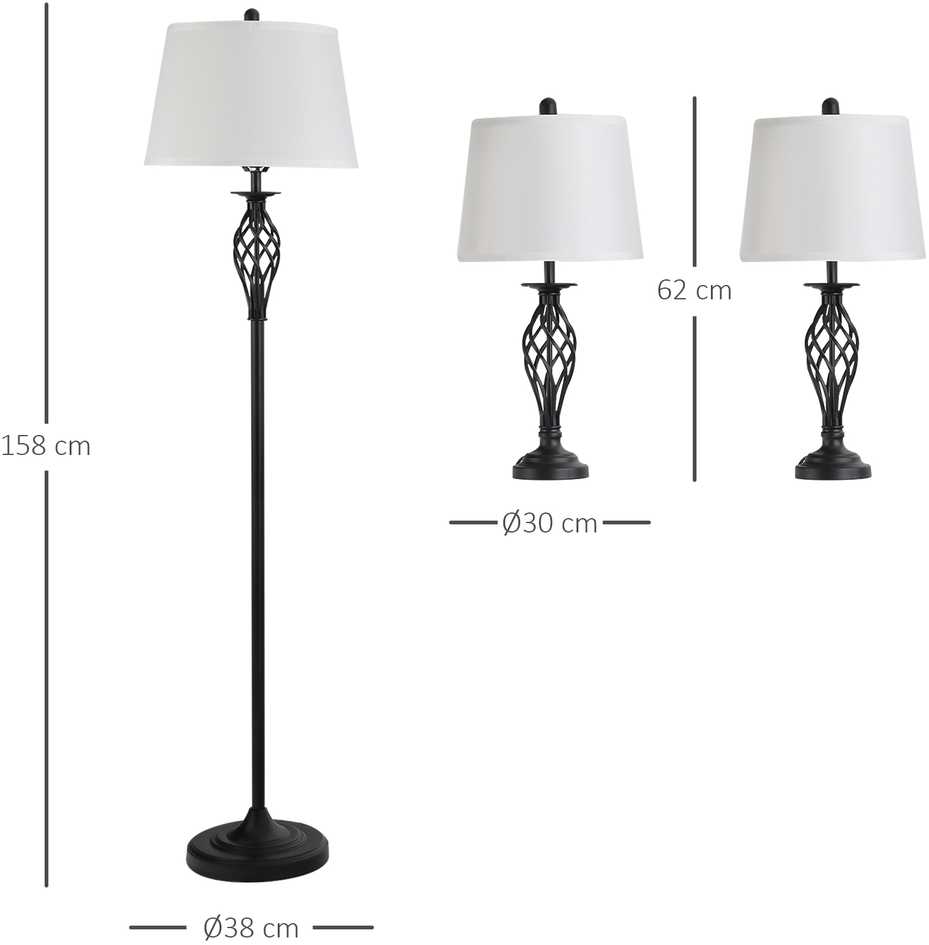 Lempos komplektas, 3 dalių vintažinis metalinis lempų komplektas, 38x158 cm, juoda, balta