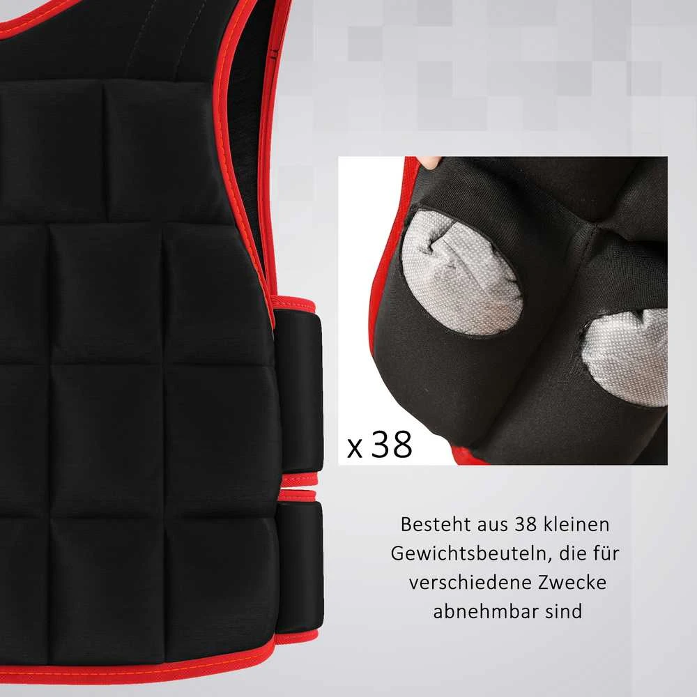 HOMCOM 20 kg treniruočių liemenė, reguliuojama su dvigubais diržais, jėgos treniruotėms, fitnesui, Oksfordo audinys, metalo smėlis, juoda+raudona, 60 x 50 cm