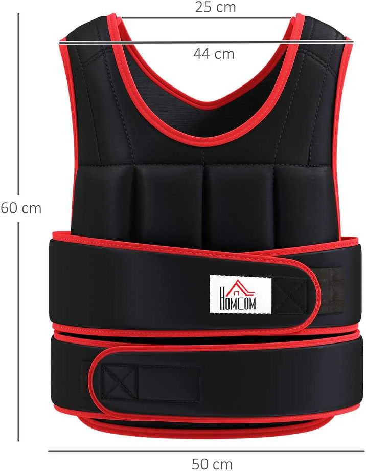 HOMCOM 20 kg treniruočių liemenė, reguliuojama su dvigubais diržais, jėgos treniruotėms, fitnesui, Oksfordo audinys, metalo smėlis, juoda+raudona, 60 x 50 cm