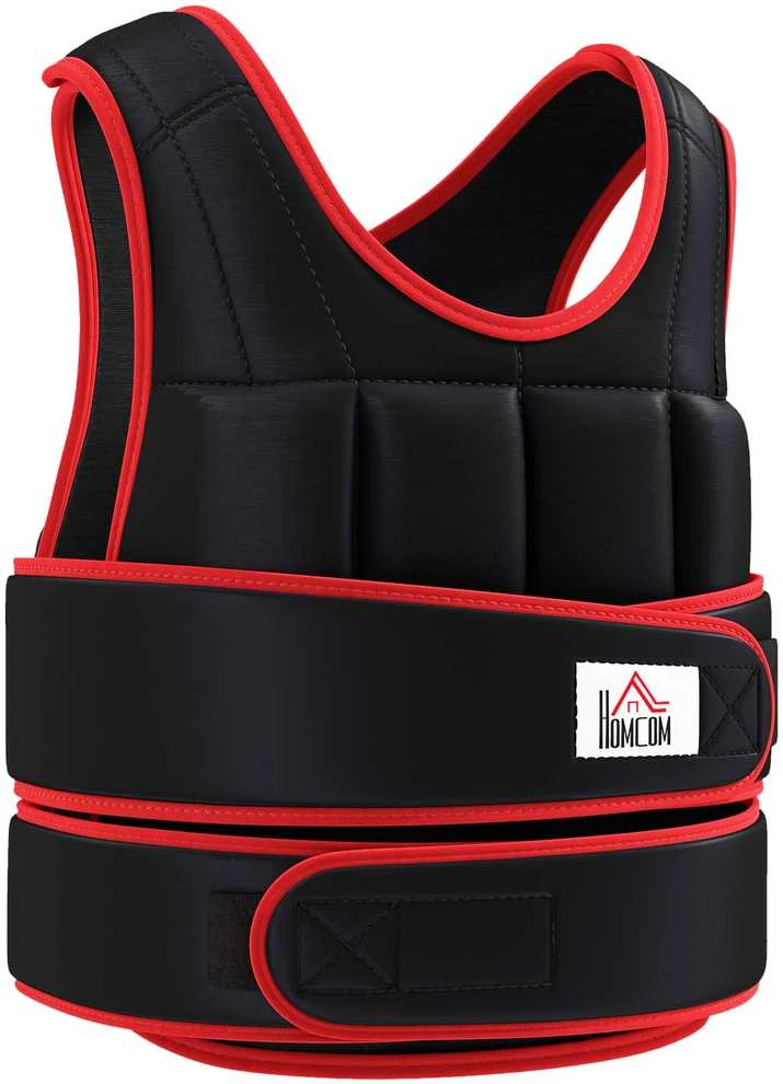 HOMCOM 20 kg treniruočių liemenė, reguliuojama su dvigubais diržais, jėgos treniruotėms, fitnesui, Oksfordo audinys, metalo smėlis, juoda+raudona, 60 x 50 cm