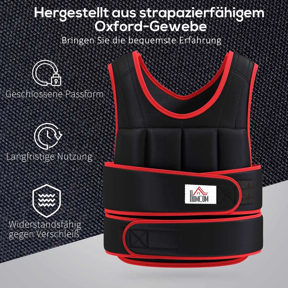 HOMCOM 20 kg treniruočių liemenė, reguliuojama su dvigubais diržais, jėgos treniruotėms, fitnesui, Oksfordo audinys, metalo smėlis, juoda+raudona, 60 x 50 cm