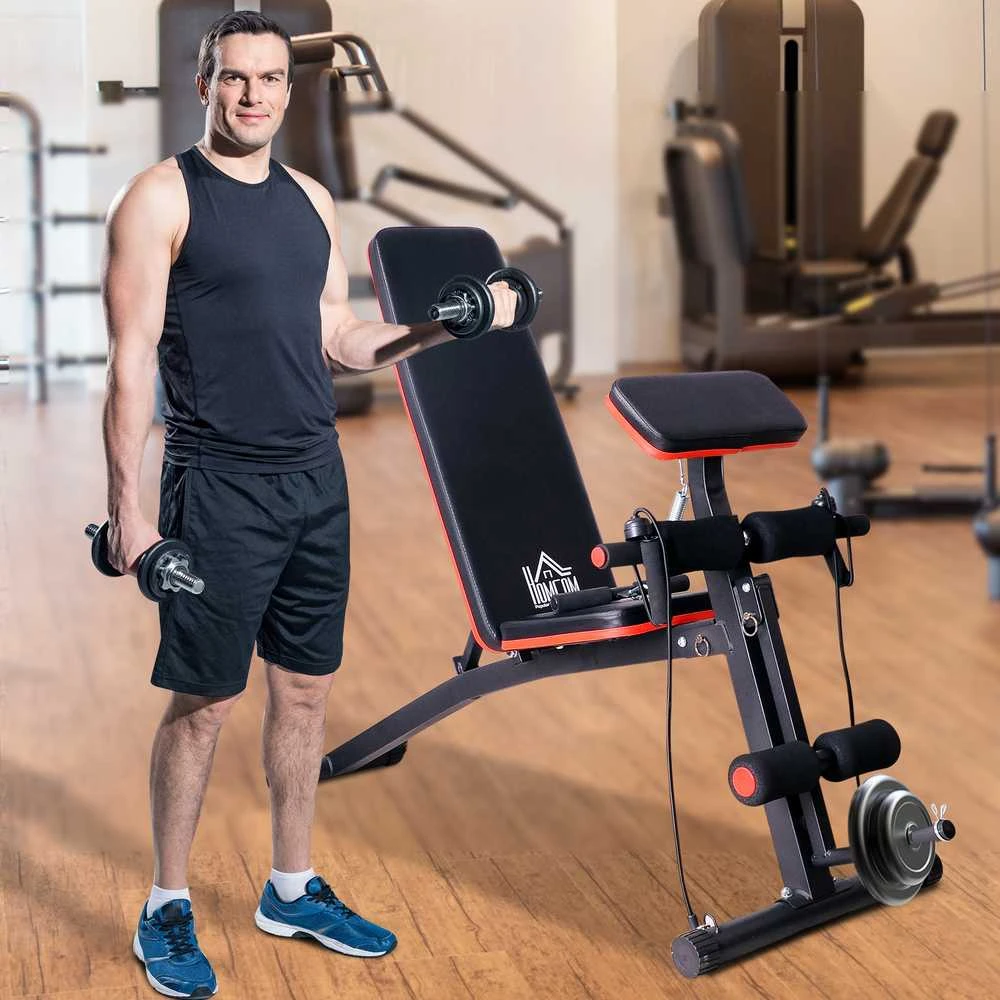 HOMCOM daugiafunkcis suoliukas svoriams kilnoti, jėgos treniruoklis su spyruokliniu stiprintuvu, treniruočių suoliukas, svoris iki 120 kg, juodas, 54 x 160 x 106 cm