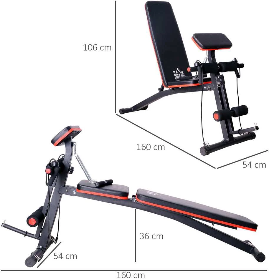 HOMCOM daugiafunkcis suoliukas svoriams kilnoti, jėgos treniruoklis su spyruokliniu stiprintuvu, treniruočių suoliukas, svoris iki 120 kg, juodas, 54 x 160 x 106 cm