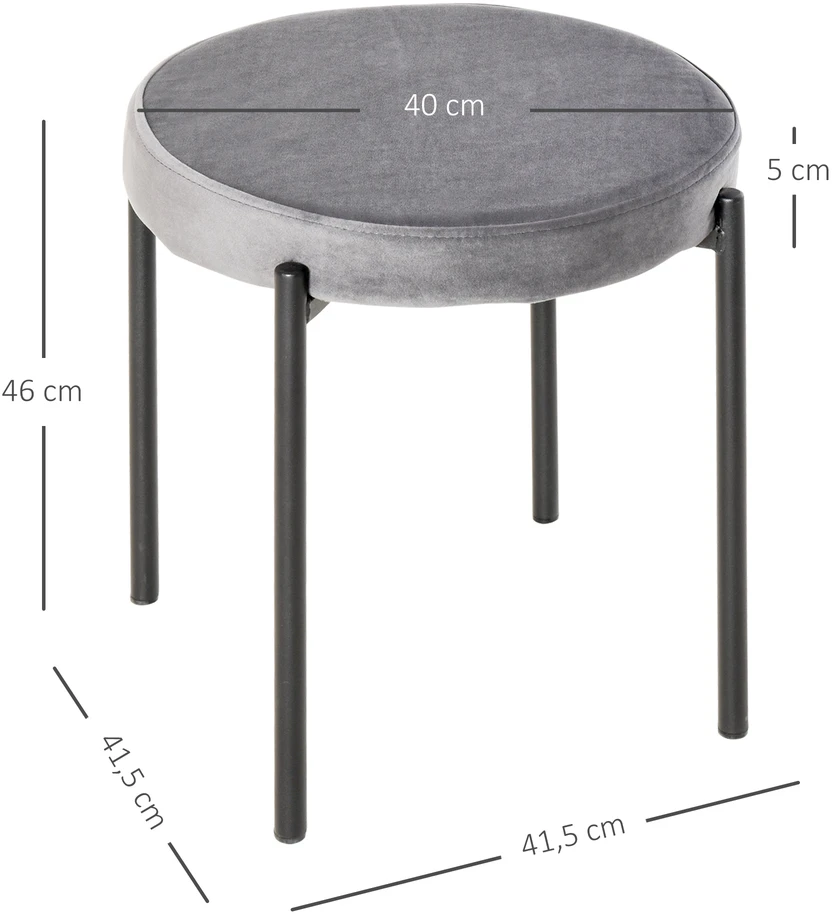 HOMCOM 4 valgomojo taburečių rinkinys, baro kėdės su paminkštinta sėdyne, apvalios, aksominio pojūčio poliesteris, plienas, pilkos spalvos, 41,5 x 41,5 x 46 cm