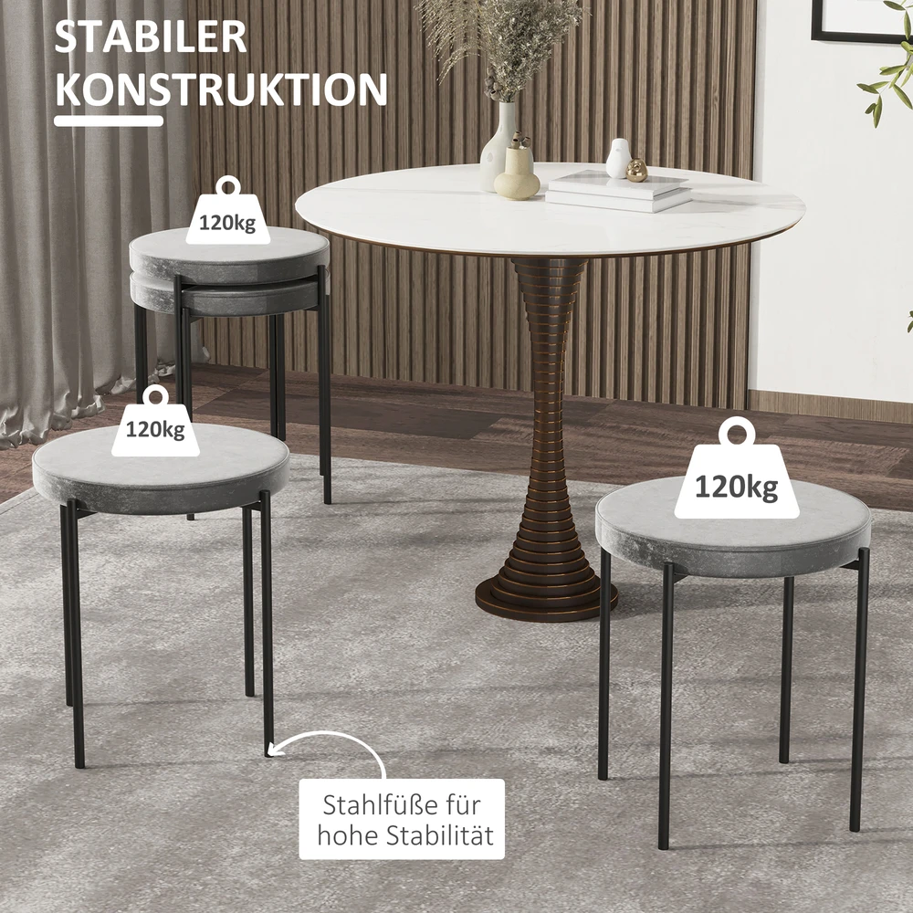 HOMCOM 4 valgomojo taburečių rinkinys, baro kėdės su paminkštinta sėdyne, apvalios, aksominio pojūčio poliesteris, plienas, pilkos spalvos, 41,5 x 41,5 x 46 cm