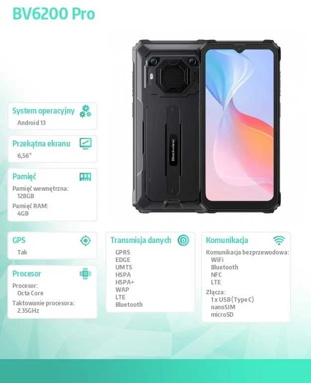 Blackview BV6200Pro 6.56" HD+ Helip P35 (aštuonių branduolių 2.3Ghz) 6GB + 128GB DS TF kortelė (1Tb maks.) CAM 8+13+0.3MP 13000mAh IP68 ir IPK69 MIL-SPEC 810H 18W atvirkštinis įkrovimas NFC pirštų atspaudų skaitytuvas Android 13 Juodas