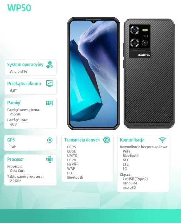 OUKITEL WP50 Slim Rugged Išmanusis telefonas 4Gb/256Gb, Juodas